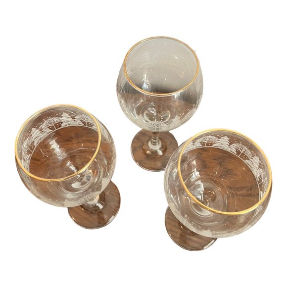 3 Hand Blown Glass Clear Goblet Wine Glasses Etched Winter Scene Snow Trees 7.5" - Picture 4 of 7